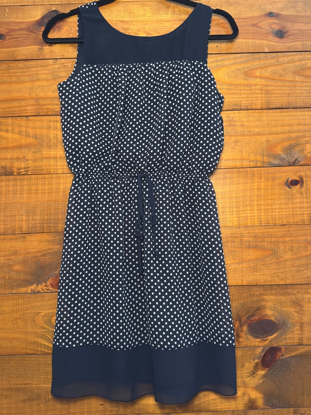Enfocus Studio Navy and White Polka Dot Sleeveless Drawstring Mini Dress
